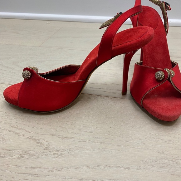 Donna Karan Red Satin Peep Toe Pumps slingback 8 4"heels - Picture 2 of 9